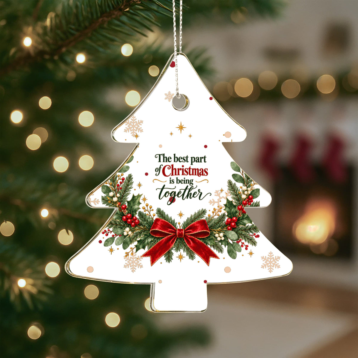Being Together Christmas Ornament – Snowflake & Red Bow Acrylic Keepsake