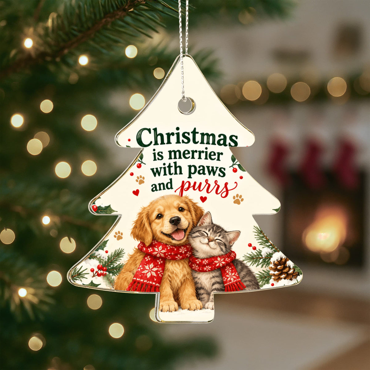 Dog & Cat Christmas Ornament – Paws and Purrs Acrylic Tree Decoration