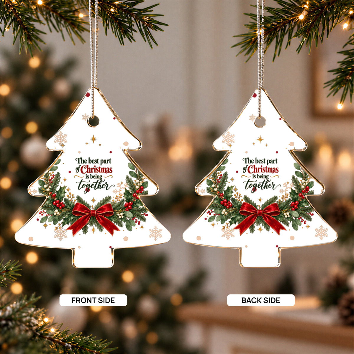 Being Together Christmas Ornament – Snowflake & Red Bow Acrylic Keepsake