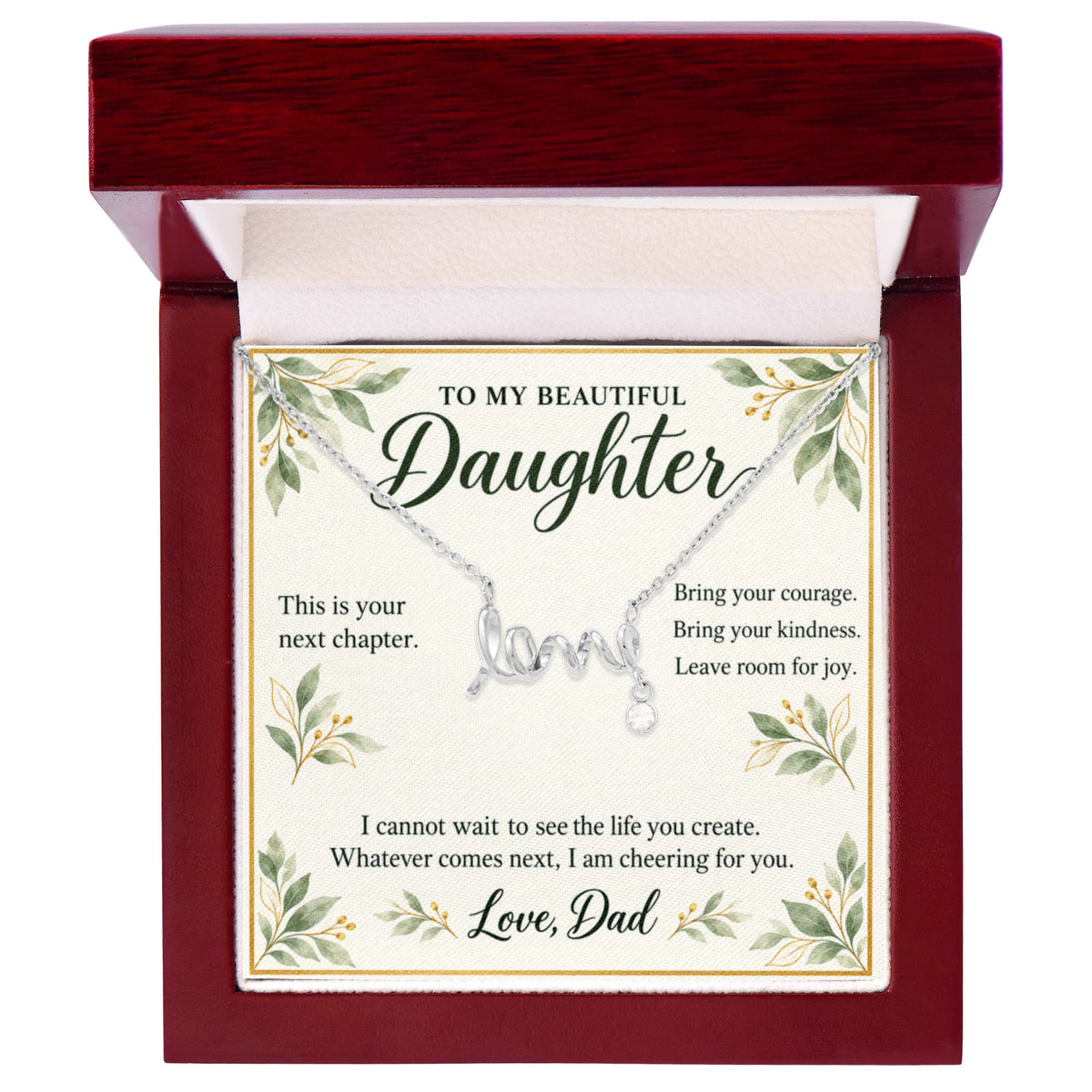 Daughter Graduation Necklace from Dad – Your Next Chapter & Message Card