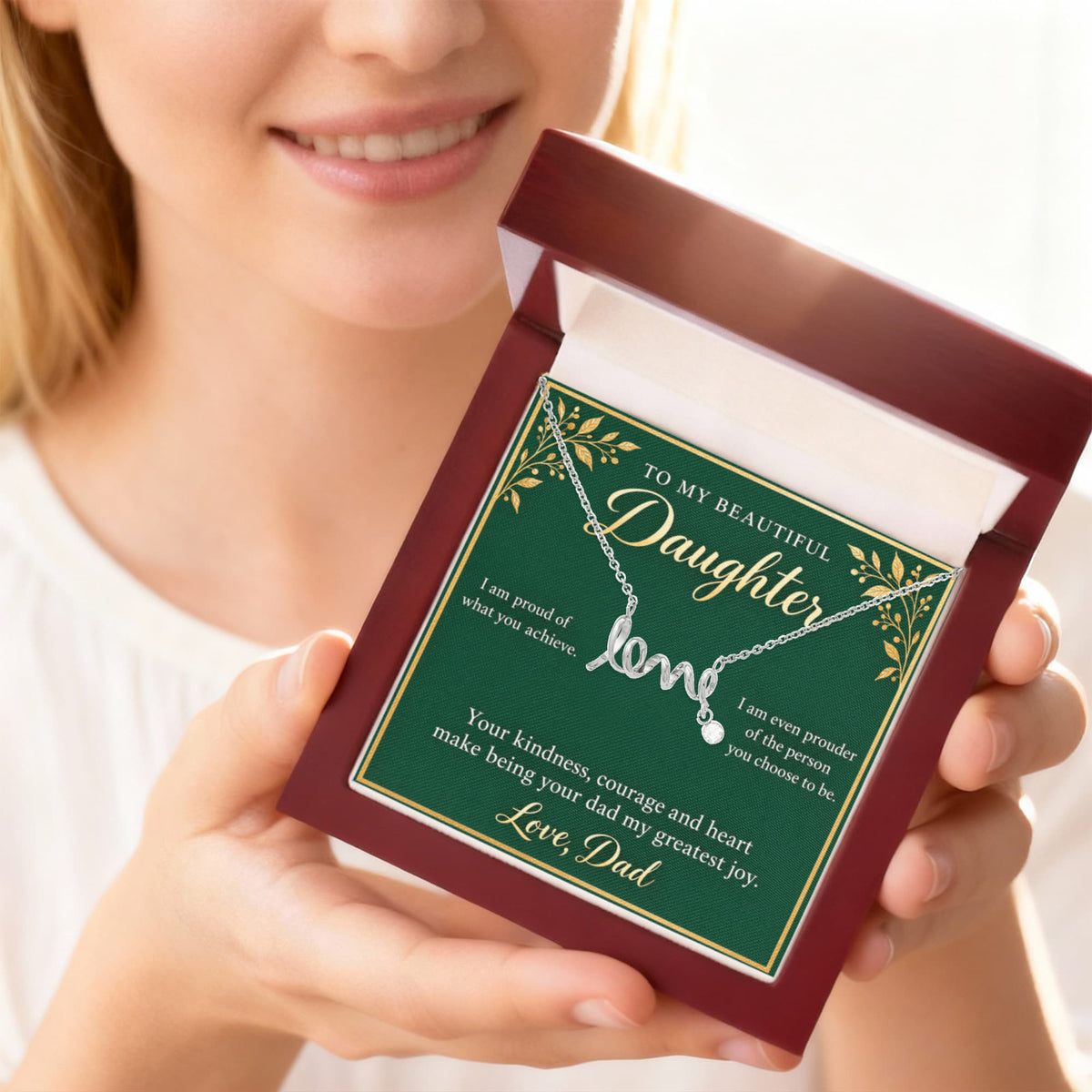 Daughter Love Necklace from Dad – Proud of Who You Are & Message Card
