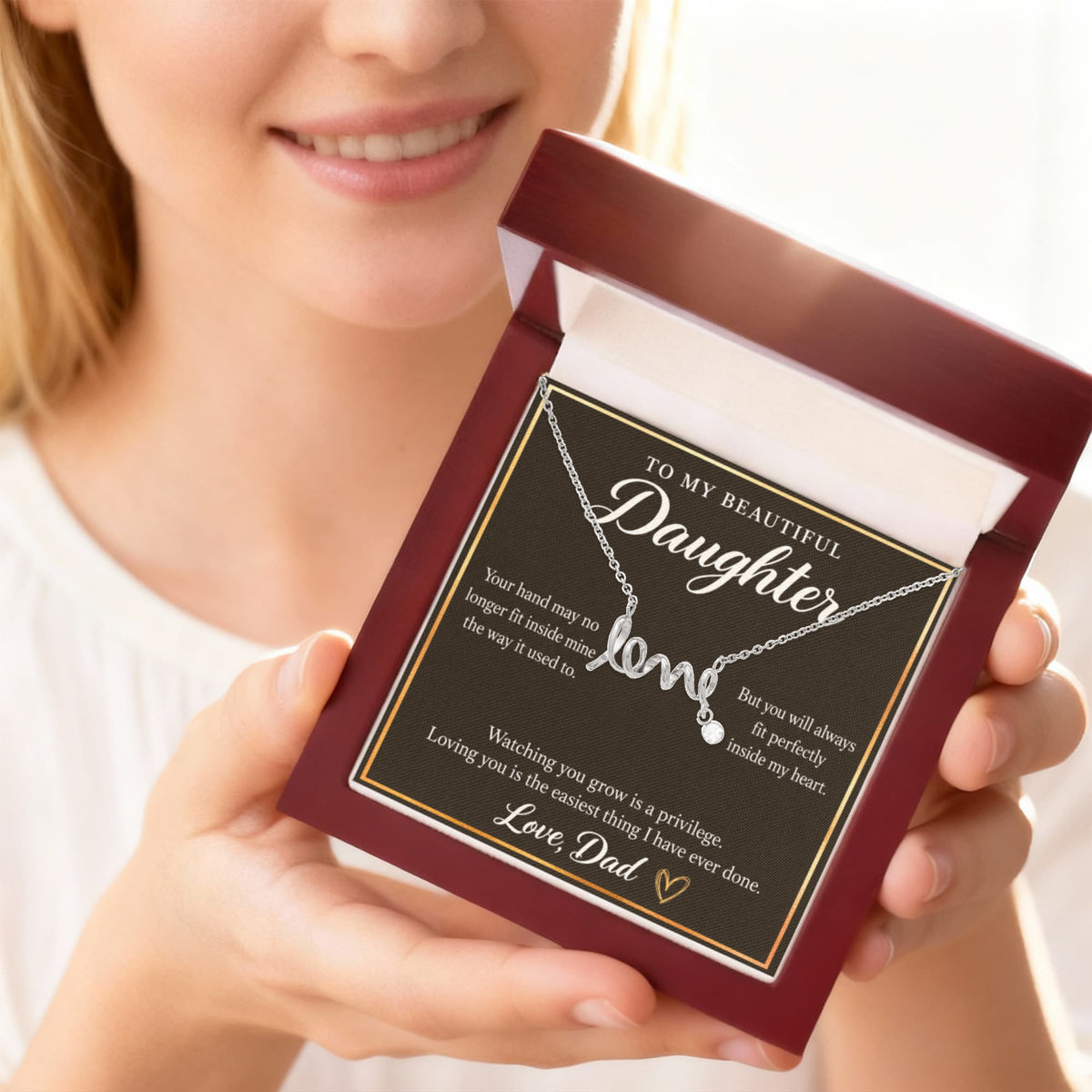 Daughter Love Necklace from Dad – Forever in My Heart & Message Card