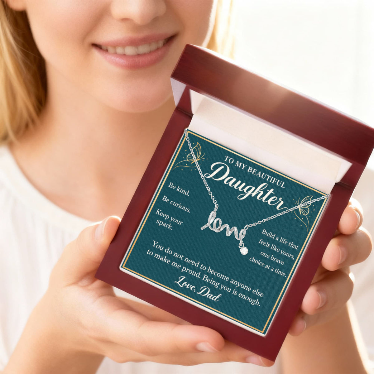 Daughter Love Necklace from Dad – Keep Your Spark & Message Card