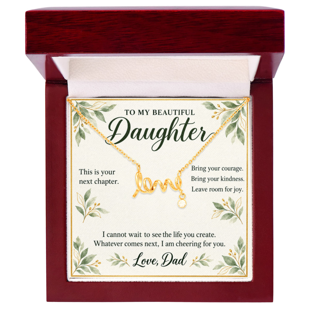 Daughter Graduation Necklace from Dad – Your Next Chapter & Message Card