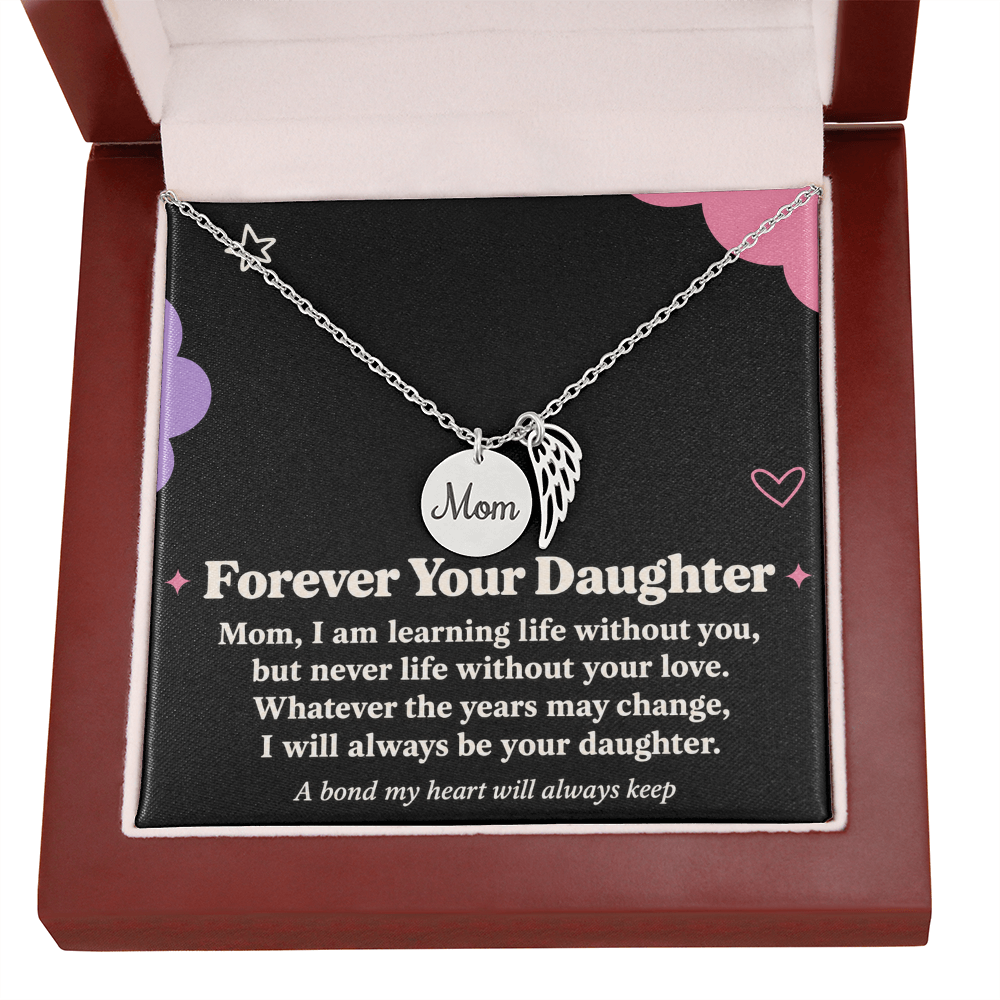 Mom Memorial Necklace for Daughter – Forever Your Daughter & Angel Wing