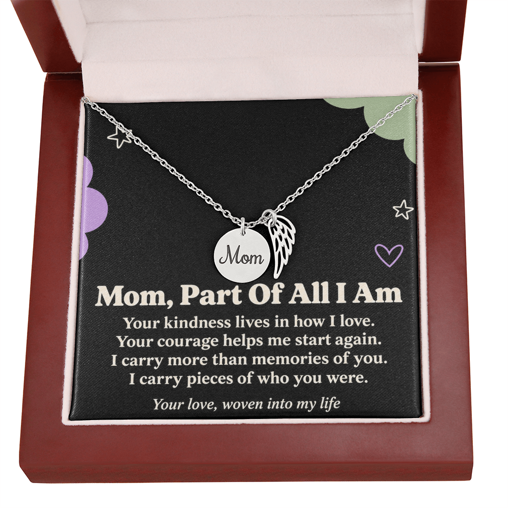 Mom Memorial Necklace – Part of All I Am & Angel Wing Remembrance Card