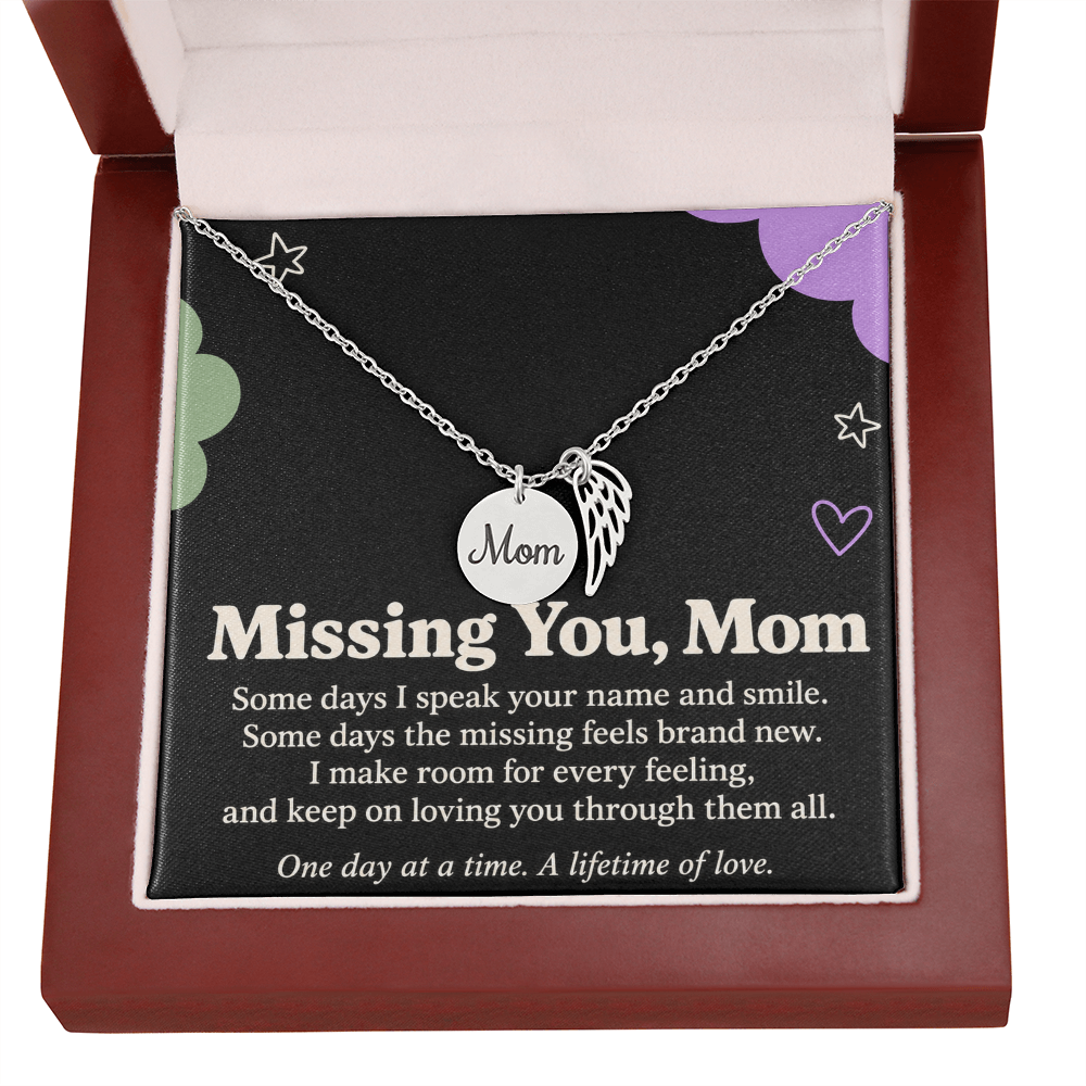 Mom Memorial Necklace – Missing You, Mom & Angel Wing Sympathy Card