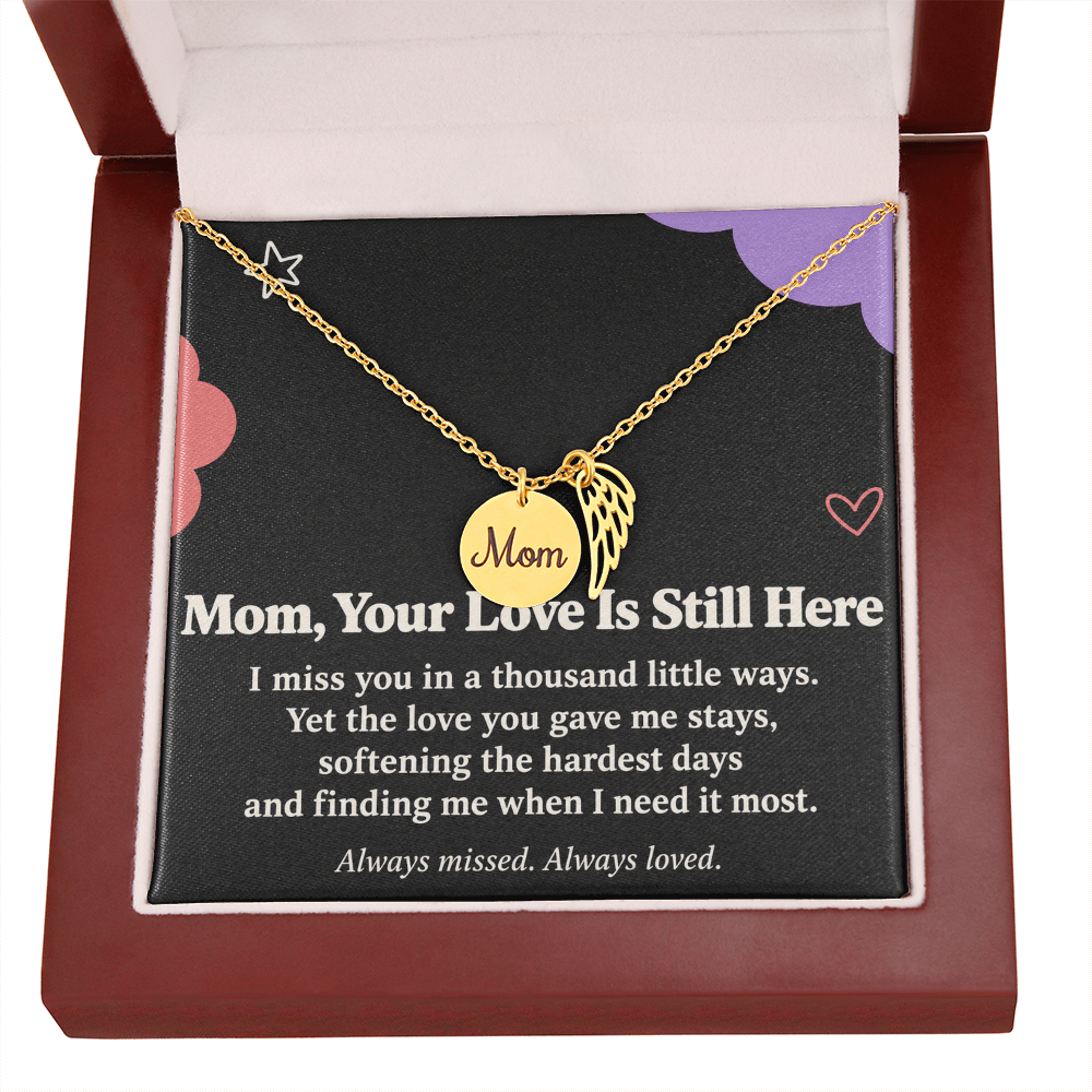 Mom Memorial Necklace – Your Love Is Still Here & Angel Wing