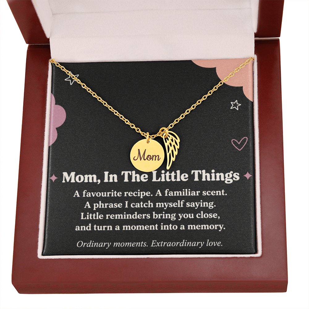 Mom Memorial Necklace – In the Little Things & Angel Wing Message Card