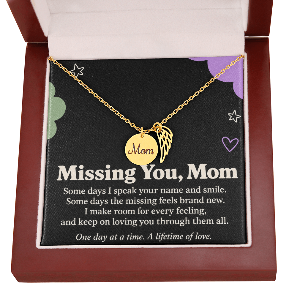 Mom Memorial Necklace – Missing You, Mom & Angel Wing Sympathy Card