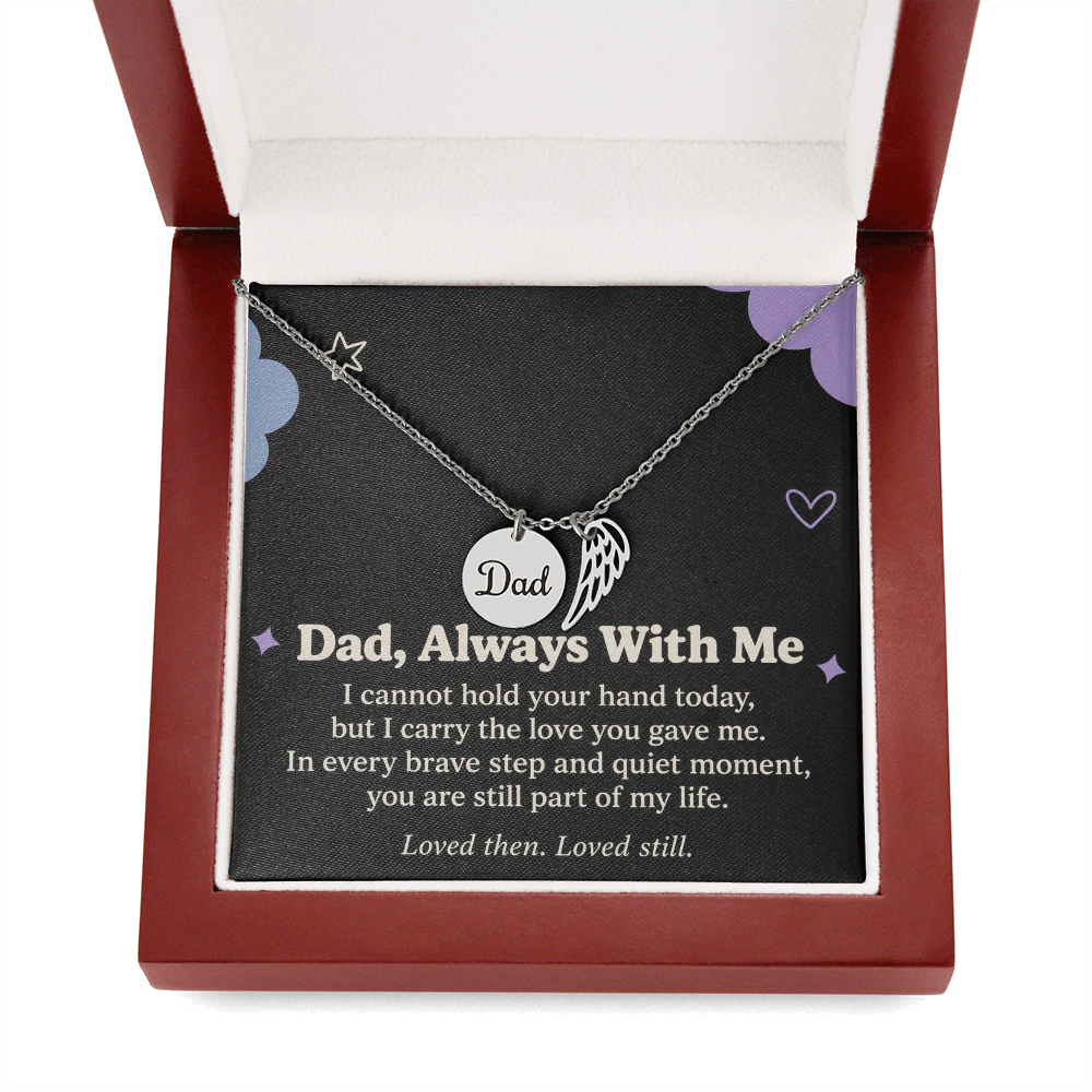Dad Memorial Necklace – Always With Me Angel Wing & Remembrance Card
