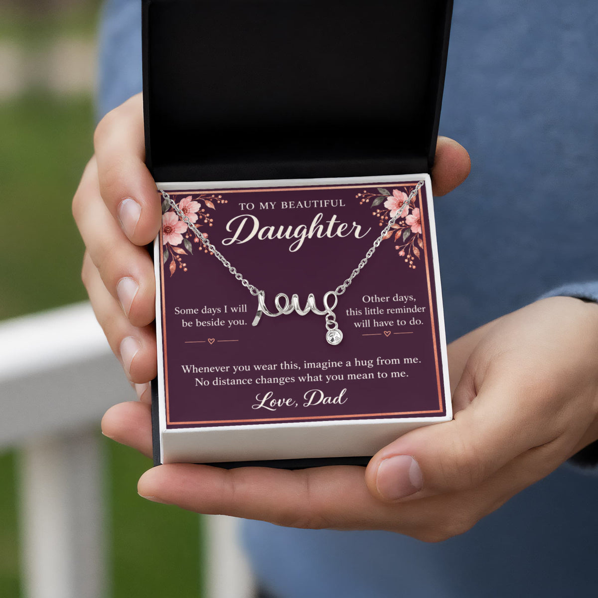 Daughter Love Necklace from Dad – A Hug When We're Apart & Message Card