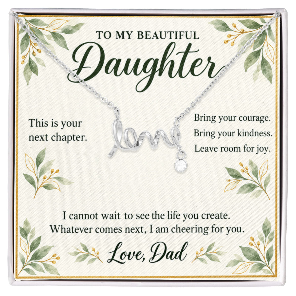 Daughter Graduation Necklace from Dad – Your Next Chapter & Message Card