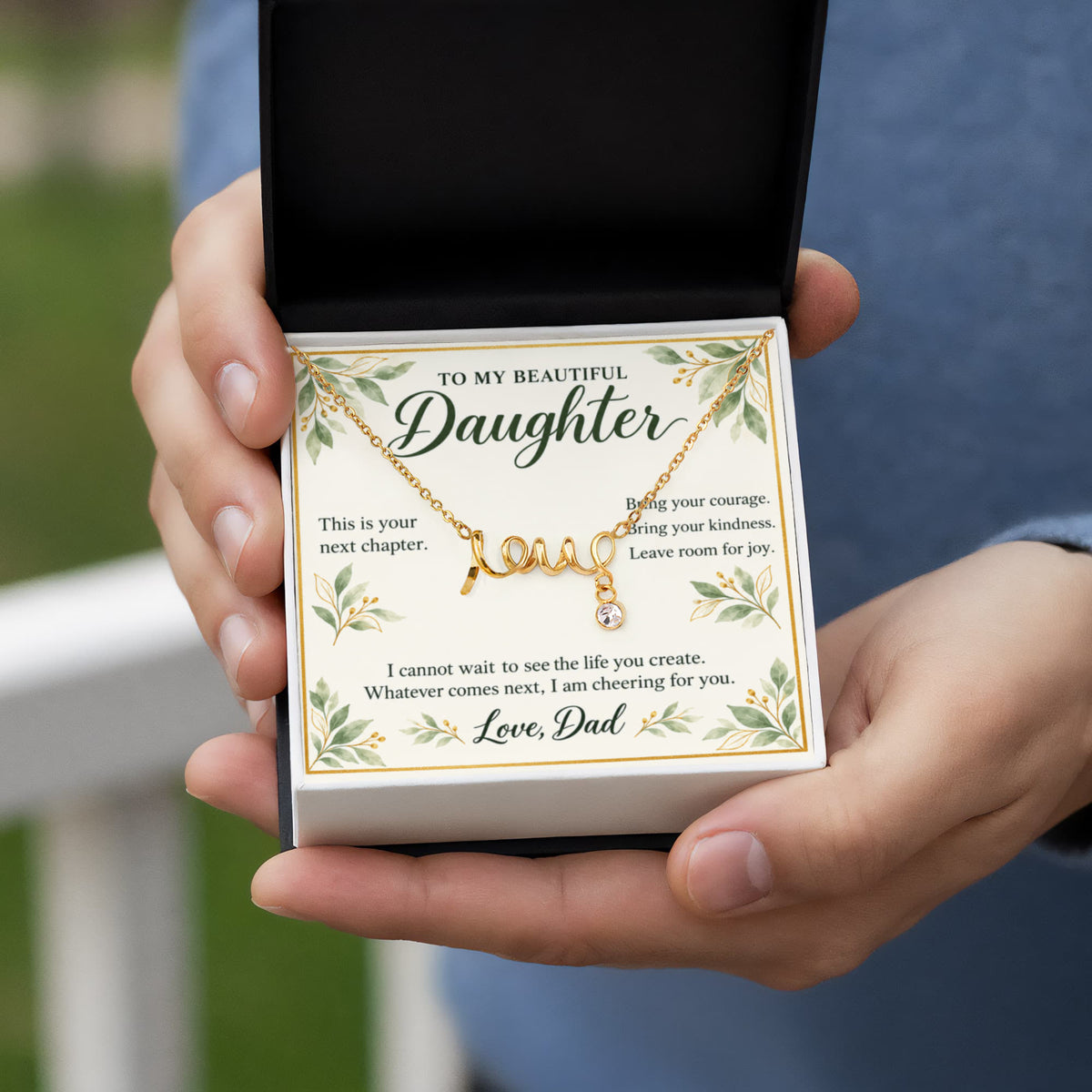 Daughter Graduation Necklace from Dad – Your Next Chapter & Message Card