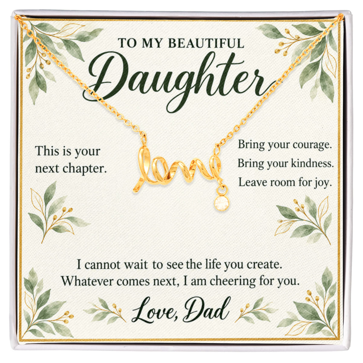 Daughter Graduation Necklace from Dad – Your Next Chapter & Message Card