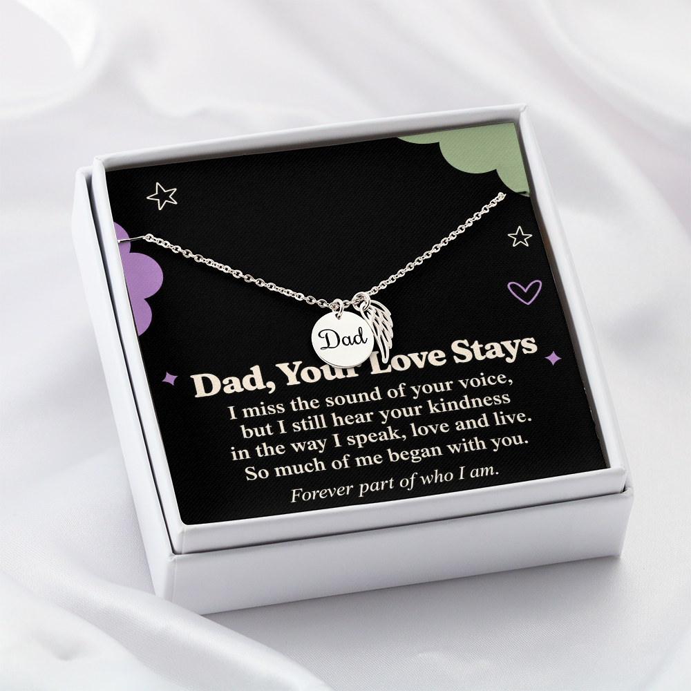 Dad Memorial Necklace – Your Love Stays Angel Wing & Remembrance Card