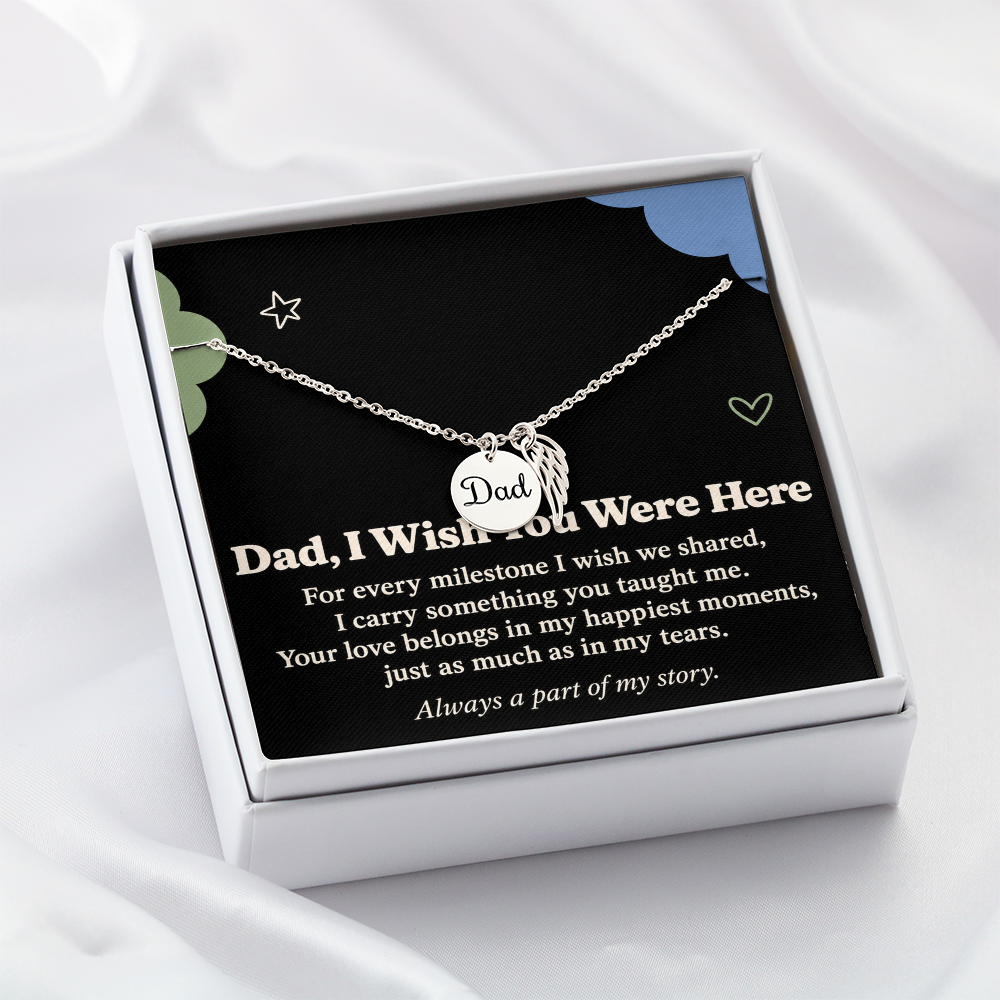 Dad Memorial Necklace – I Wish You Were Here Angel Wing & Message Card