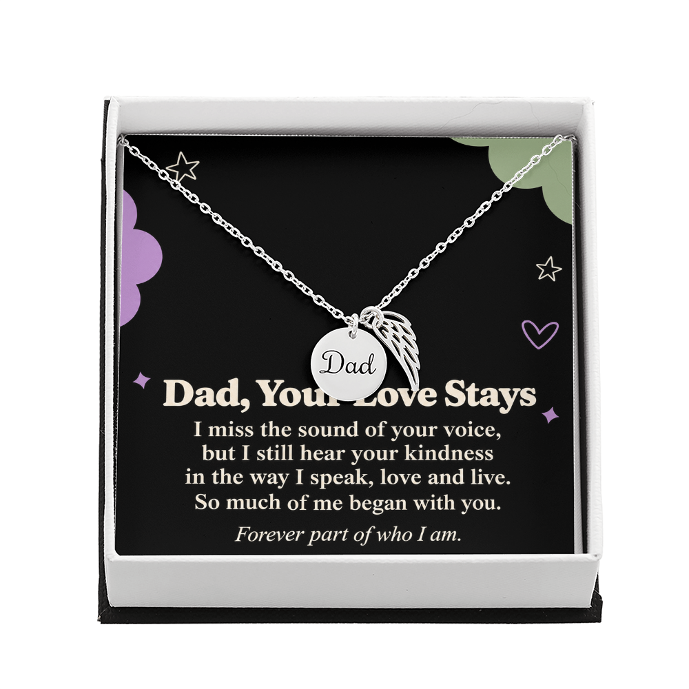 Dad Memorial Necklace – Your Love Stays Angel Wing & Remembrance Card
