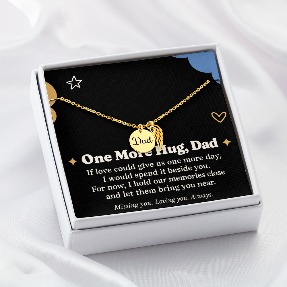 Dad Memorial Necklace – One More Hug Angel Wing & Sympathy Card