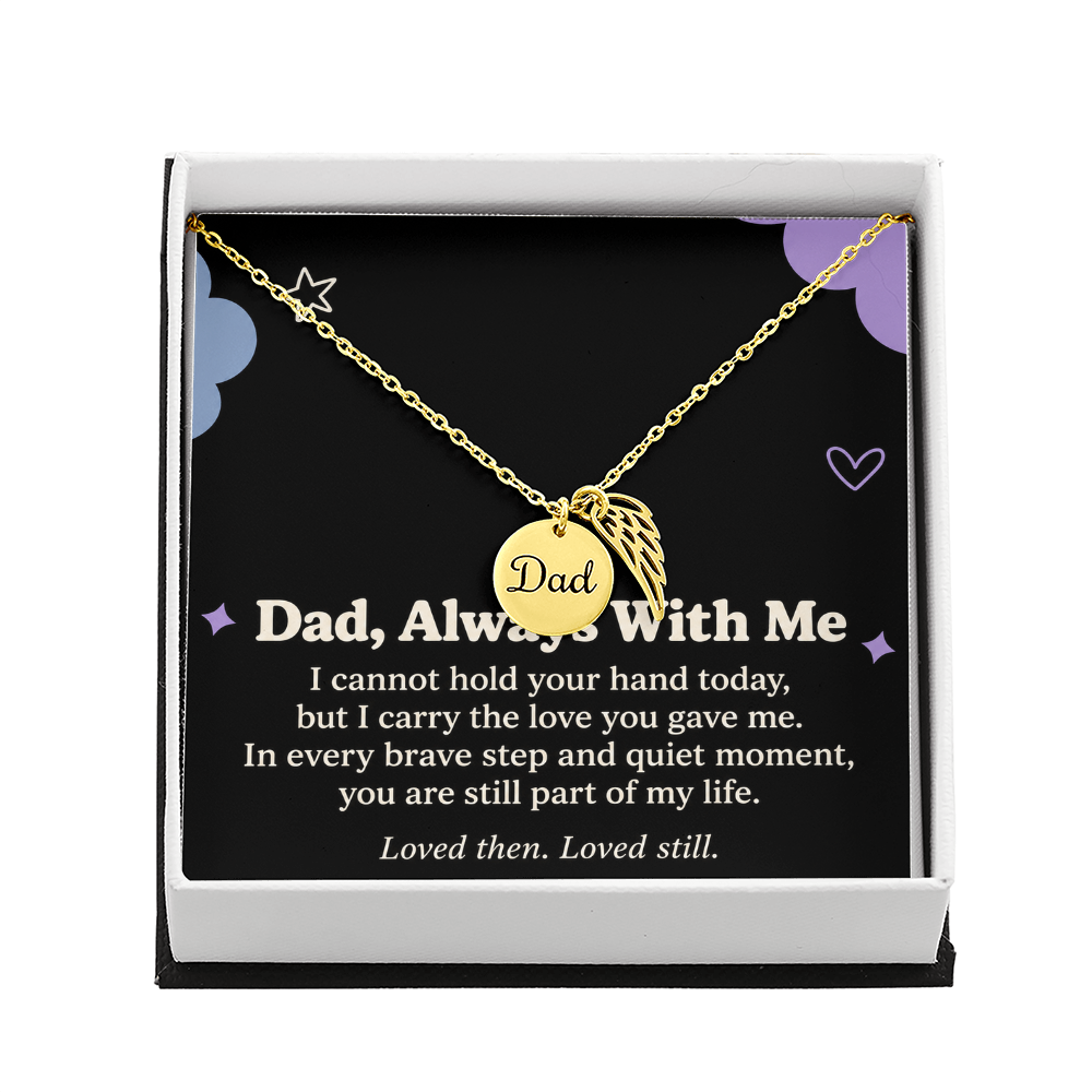 Dad Memorial Necklace – Always With Me Angel Wing & Remembrance Card
