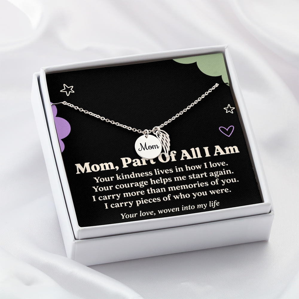 Mom Memorial Necklace – Part of All I Am & Angel Wing Remembrance Card