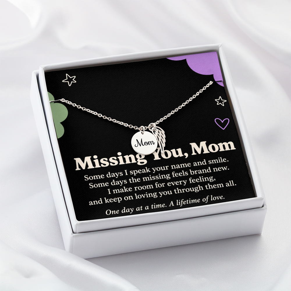 Mom Memorial Necklace – Missing You, Mom & Angel Wing Sympathy Card
