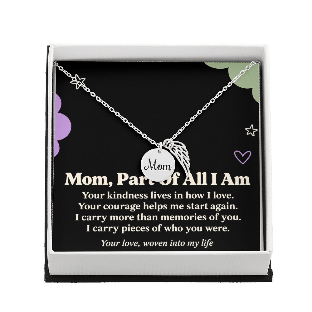 Mom Memorial Necklace – Part of All I Am & Angel Wing Remembrance Card