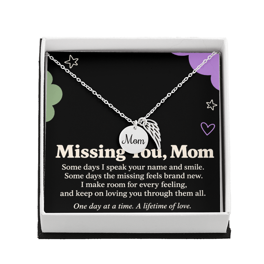 Mom Memorial Necklace – Missing You, Mom & Angel Wing Sympathy Card