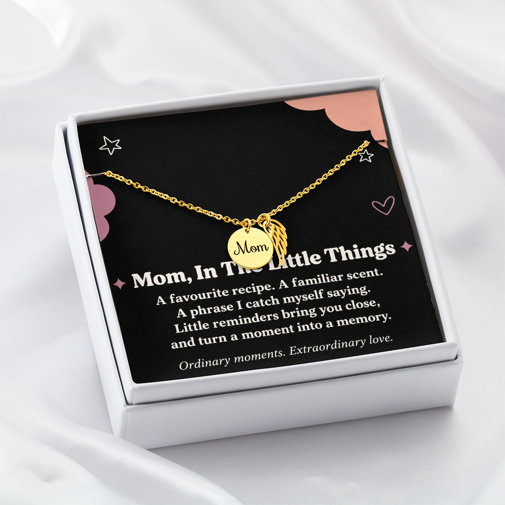 Mom Memorial Necklace – In the Little Things & Angel Wing Message Card