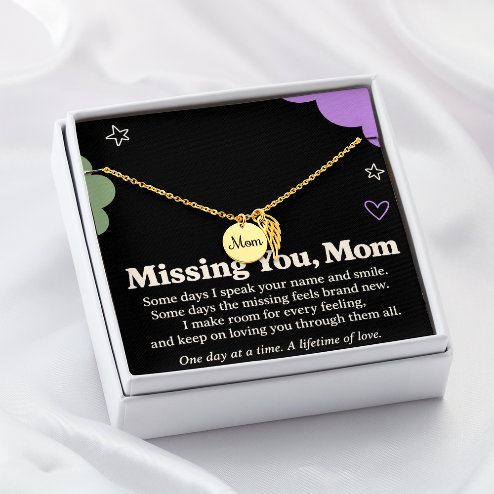 Mom Memorial Necklace – Missing You, Mom & Angel Wing Sympathy Card