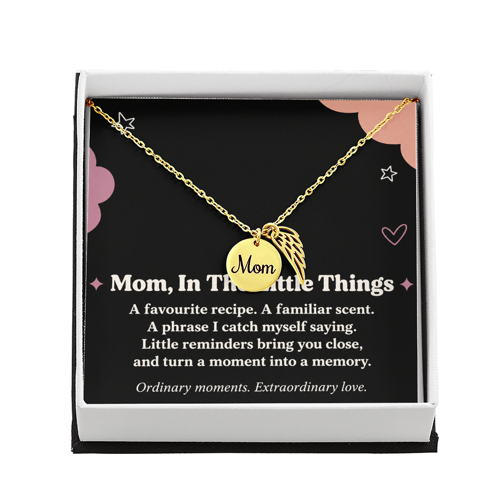 Mom Memorial Necklace – In the Little Things & Angel Wing Message Card