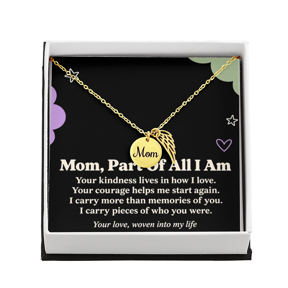 Mom Memorial Necklace – Part of All I Am & Angel Wing Remembrance Card