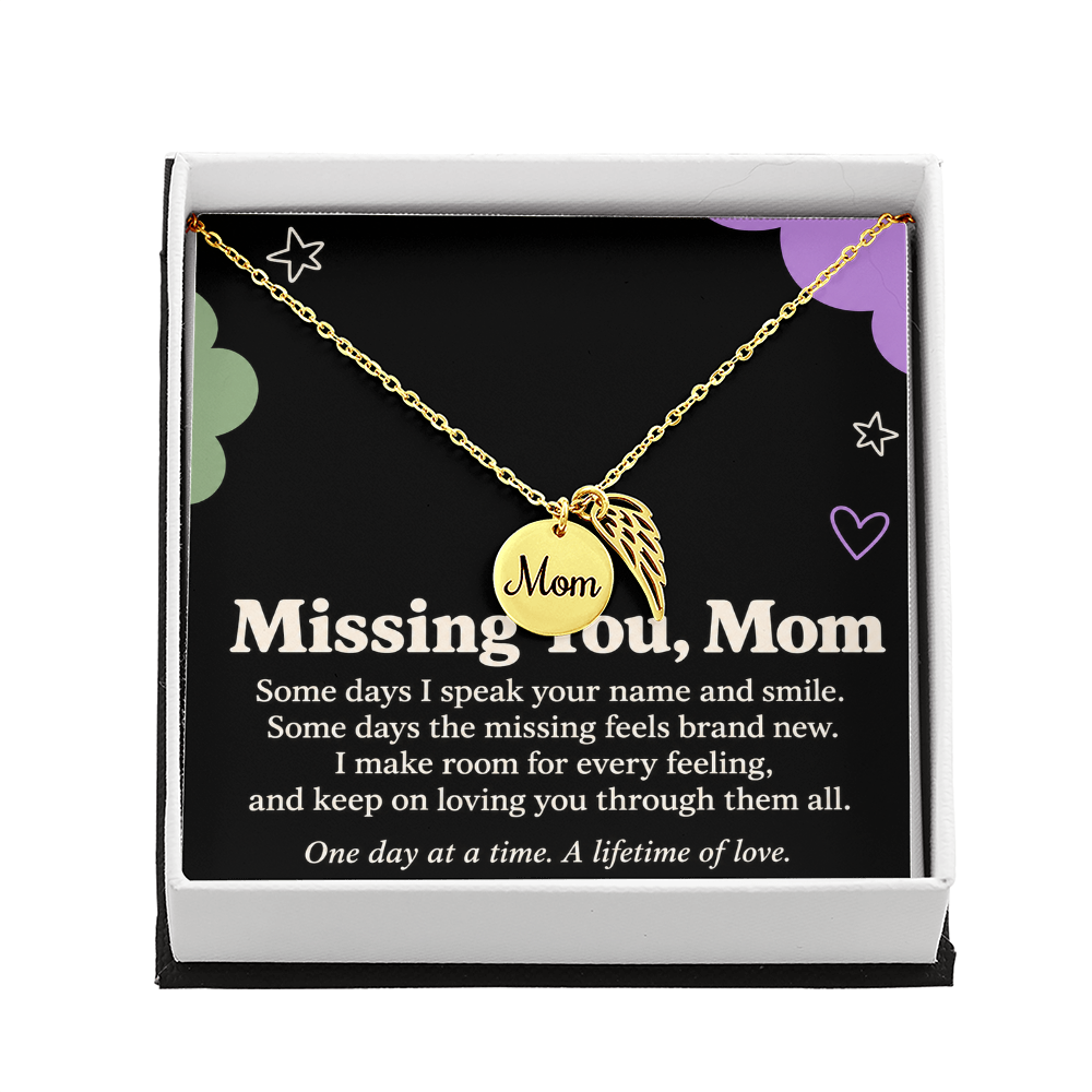Mom Memorial Necklace – Missing You, Mom & Angel Wing Sympathy Card