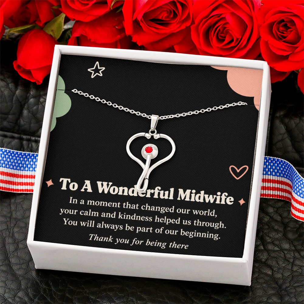 Midwife Thank You HeartScope Necklace – Part of Our Beginning & Message Card