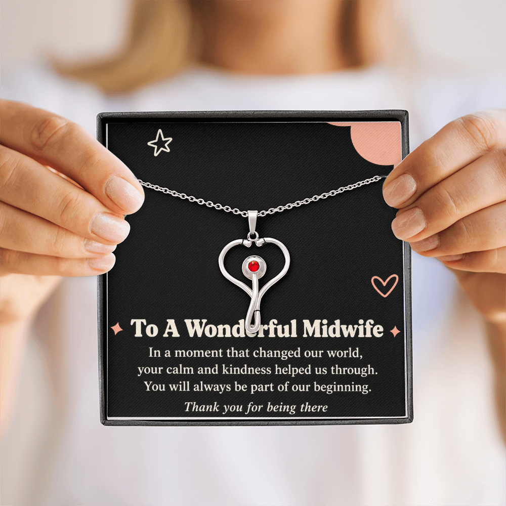 Midwife Thank You HeartScope Necklace – Part of Our Beginning & Message Card