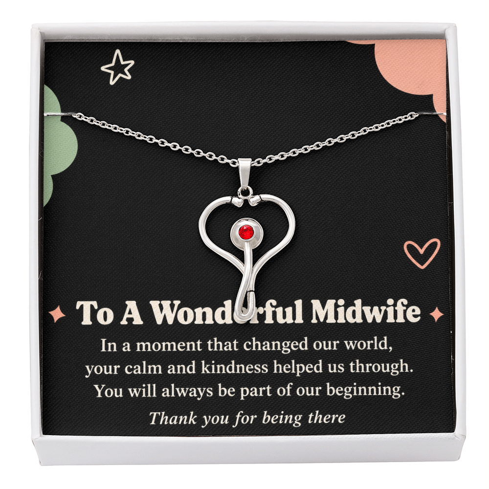 Midwife Thank You HeartScope Necklace – Part of Our Beginning & Message Card