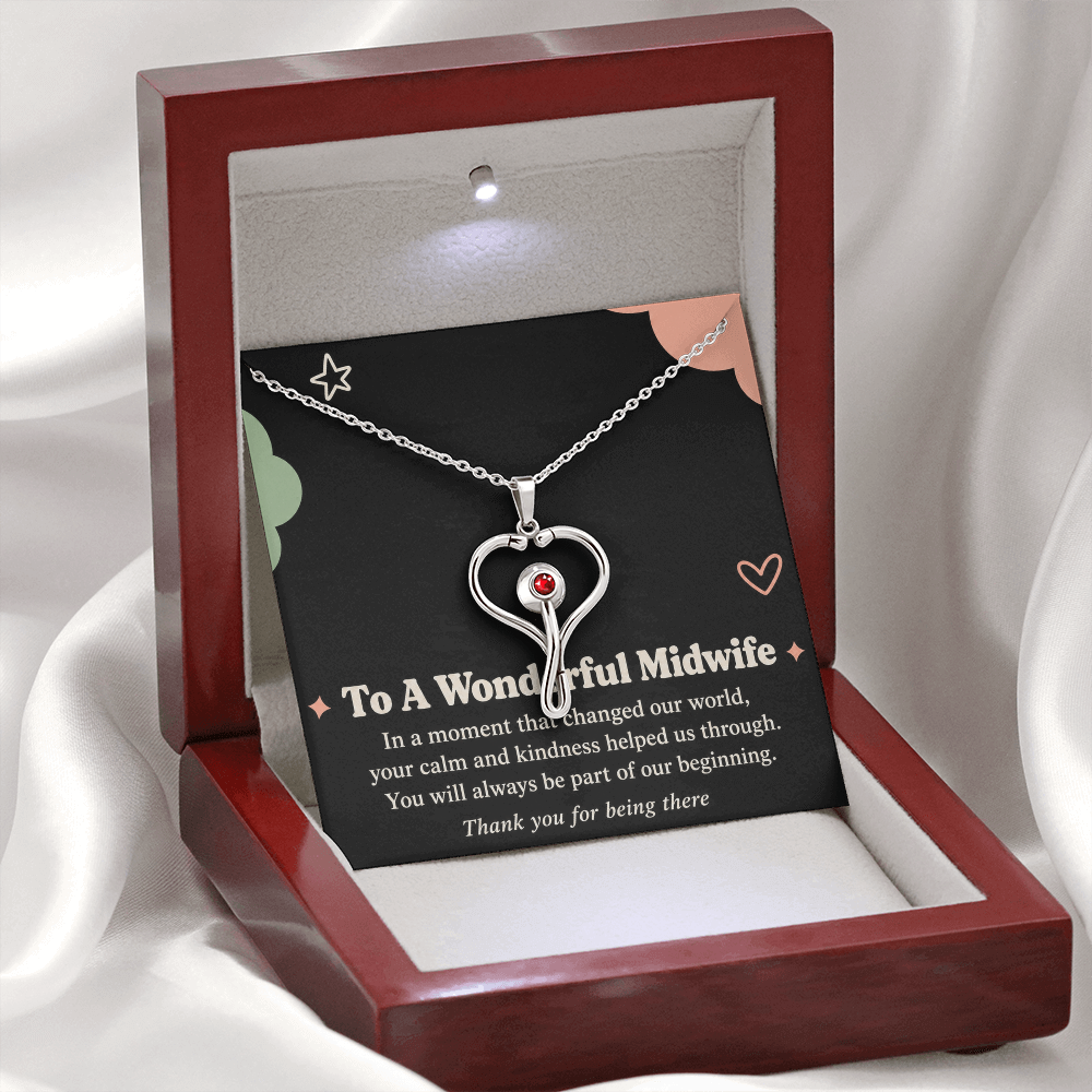 Midwife Thank You HeartScope Necklace – Part of Our Beginning & Message Card